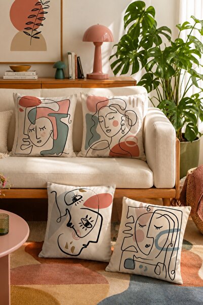 EVPANYA Set de 4 huse de pernă cu model Siluete faciale
