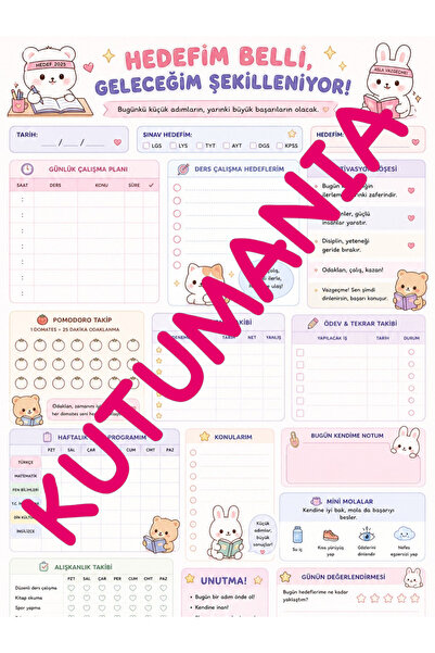 Kutumania Kawaii Ders Çalışma Planner A4 30 Adet– Hedef Takipli Öğrenci Planl...