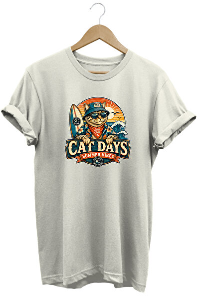 remonz تي شيرت قطني برقبة دائرية وطباعة قطط للجنسين من Cat Days Summer Vibes