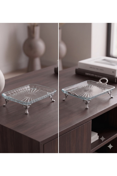 ASSA BAZAAR Luxury 2-Piece Glass Presentation Set with Footed Trays - Rectang...