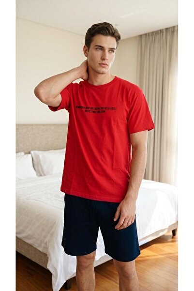 Sude HOMEWEAR Erkek Kırmızı Renk Önü Yazılı Kısa Kol Şort Pijama Takımı
