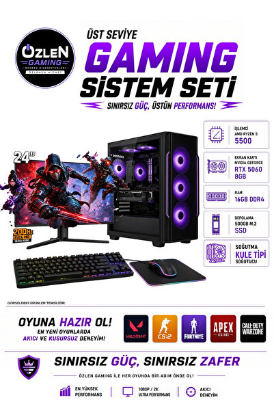 ÖZLEN XL5 RYZEN 5 5500 RTX 5060 8GB 16GB RAM 500GB M.2 SSD 24'' Full HD 200Hz...