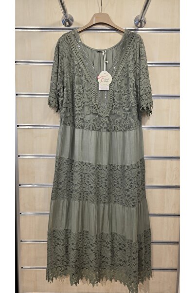Park Moda Rochie din mătase cu dantelă italiană, cu detalii din paiete