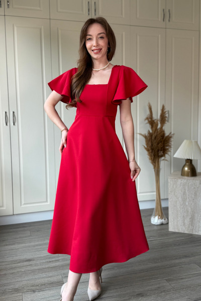 Dilay Gökoğlu Butik Elegant Midi Flared Dress with Ruffle Detail on the Sleeve