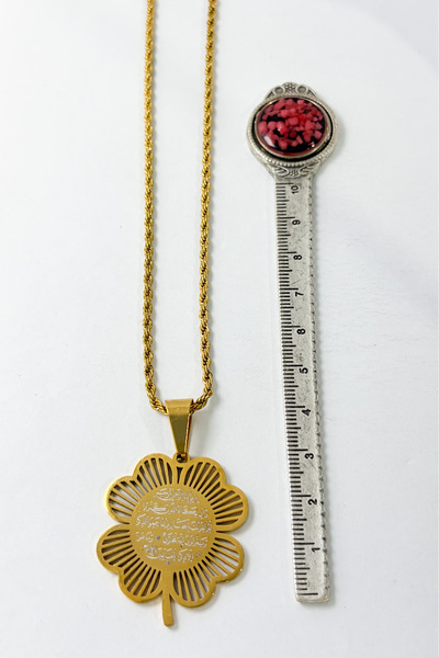 DEARWİSH Gold Color Stainless Steel Necklace with Evil Eye Verse & Ottoman Monogram Clover Design and Twisted Chain