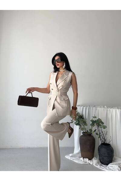 SUXİRCNHTMTS Women's Double-Breasted Belted Sleeveless Jacket and Classic Tro...