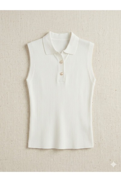 SARE MAISON Standard Size, Pearl Button Detail, Polo Collar Sleeveless Ribbed...