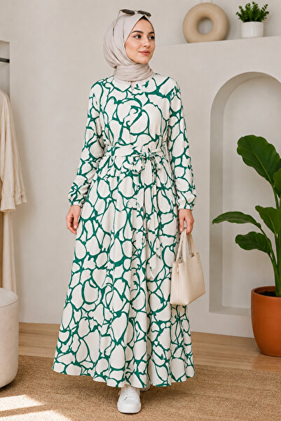 EruZan Women's Modern Patterned Lined Crepe Chiffon Hijab Dress
