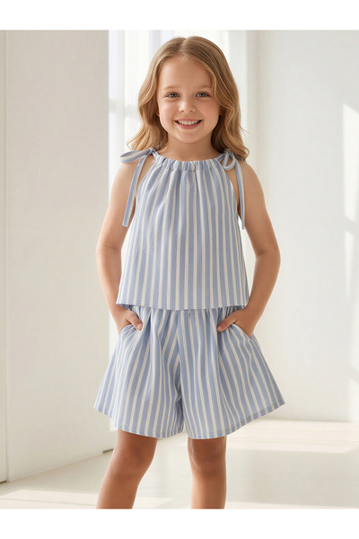 Catz Kids Set de fustă și pantaloni scurți din muselină cu dungi albastre și ...