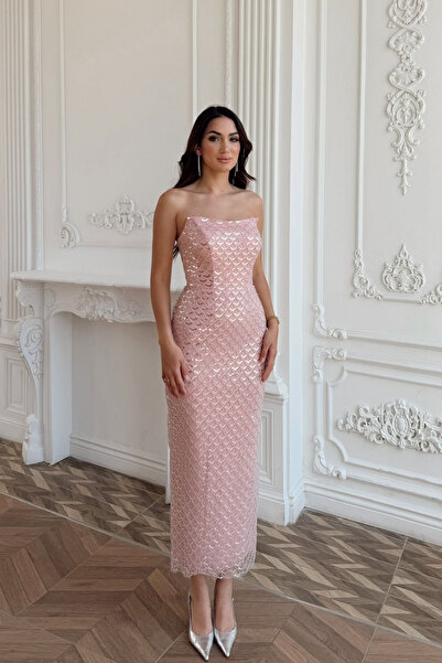 Sindimoda Azra Boncuk İşleme Straplez Midi Abiye 1134