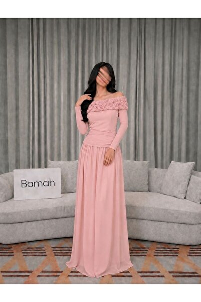 Bamah Elegant Powder Pink 3D Rose Evening Dress