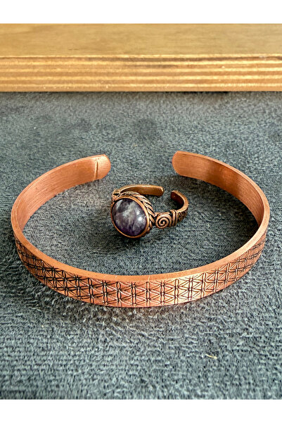 Rupen Kraft Handcrafted copper bracelet and natural stone ring set, adjustabl...