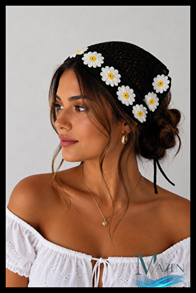MAZEN Black Hand Knitted Daisy Tied Women's Bandana Bonnet Bohemian Summer Ha...