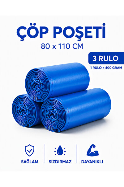 MSE HOLD Çöp Poşeti Mavi 80x110 Jumbo Boy 3 Rulo 30 Adet Kalın Çöp Torbası