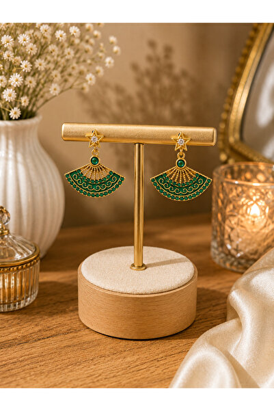 Lilith Takı Green Stone Detailed Star Figured Gold Earrings |   Ethnic Patter...