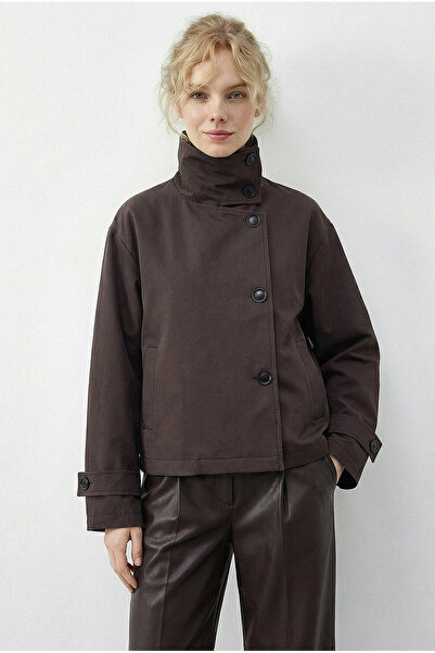 Bold Icon High Collar Buttoned Short Trench Coat