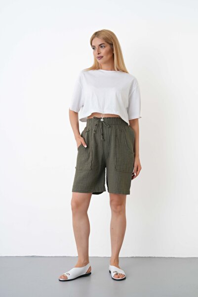 THE VOLER Muslin Shorts Women's High Waist Oversize Relaxed Cut Shorts with P...
