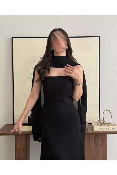 ANGELINSA فستان ميد ناعم بشال منفصل لون اسود