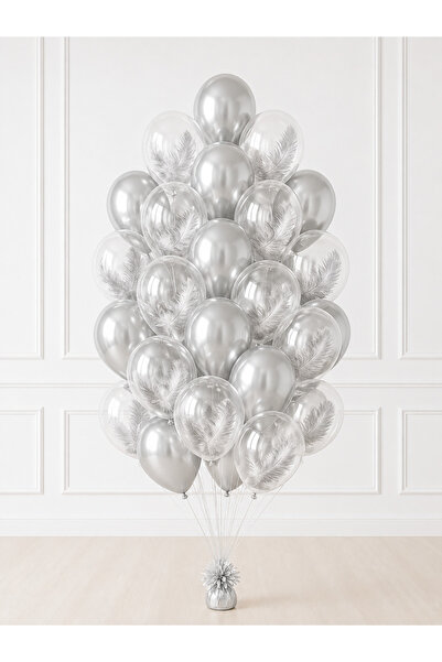 Balonsan Chrome Silver Transparent Silver Balloon Feather Themed Balloon Bund...