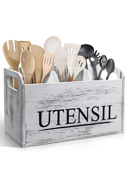 KASTWAVE Rustic White Kitchen Utensil Holder – Large Wooden Utensil Organizer...