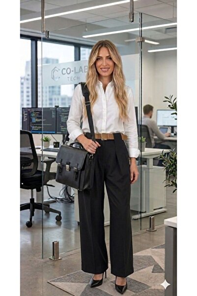 hies Pants + Belt, Bridge Detailed Elastic-Free High Waist Wide Leg Palazzo B...