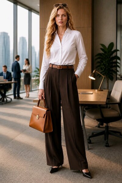 hies Pants + Belt, Elastic Waist High Waist Wide Leg Palazzo Belted Fabric Tr...
