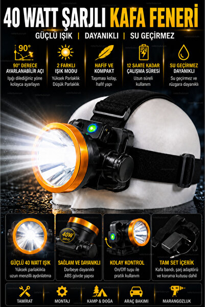 nelerbulurum Şarjlı Su Geçirmez 2 Modlu 40 Watt Power Ledli 90 Derece Ayarlan...