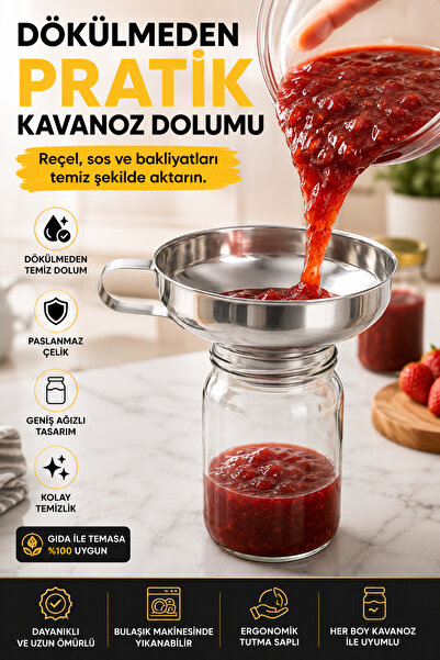 JarFlow Paslanmaz Çelik Geniş Ağızlı Kavanoz Hunisi Reçel Bal Bakliyat Dolum Aparatı