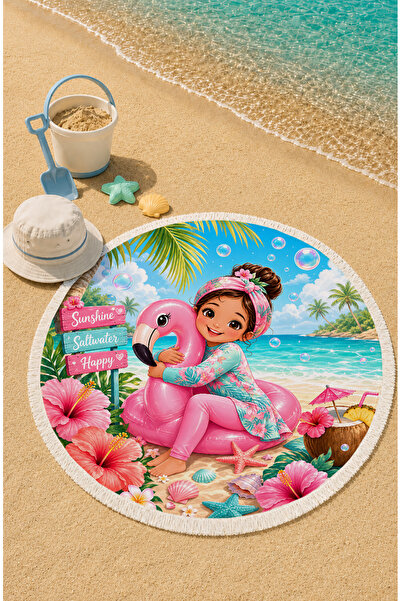 Evmila Flamingo Dream 150 cm okrugli dečiji peškir za plažu sa flamingom i uz...
