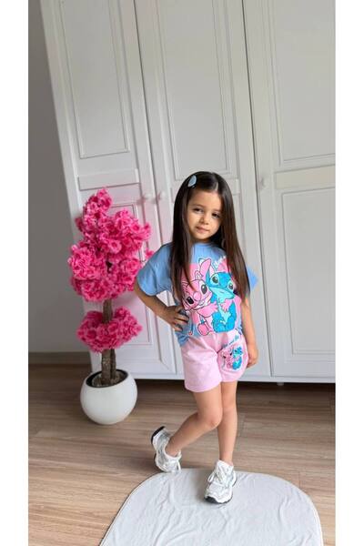 kidsense طقم صيفي قطني مطبوع عليه ستيتش للفتيات مع شورت
