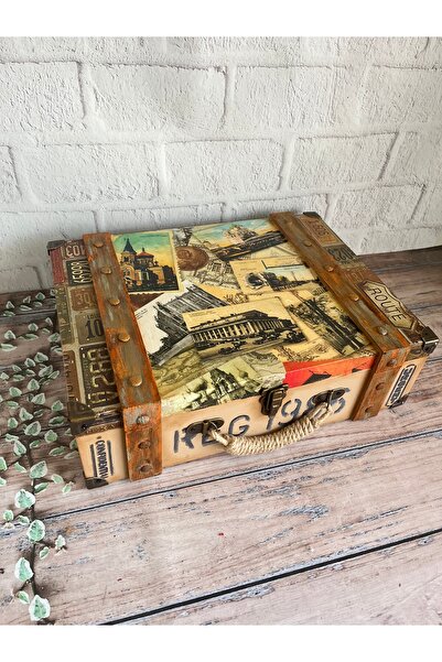 Bypinaryuksel Vintage Desenli ,Ahşap Bavul,Dekoratif Bavul Kutu