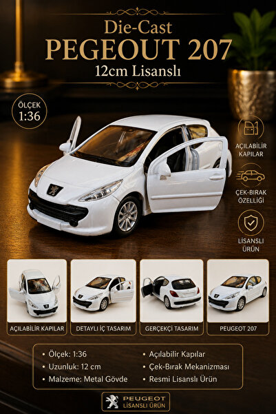 craftivio Peugeot 207 Beyaz Die-Cast Metal Model Araba 1:36 Ölçek 12 cm Çek B...