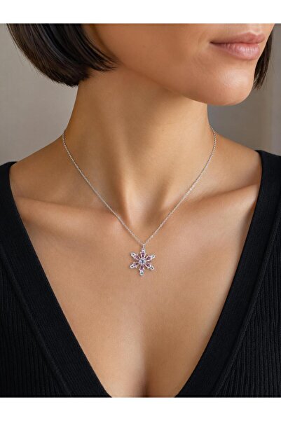 Valmont Pink Stone Snowflake Necklace Silver Color Zircon Stone Elegant Women...
