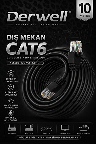 Derwell 10 METRE CAT6 Dış Mekan Outdoor Ethernet Kablosu 23 AWG 0.57mm Kalın ...