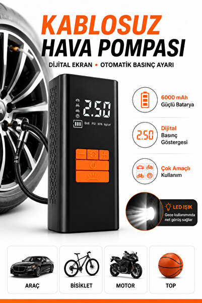 SAYMOND Dijital Göstergeli Led Işıklı Taşınabilir 6000mAh Araç Lastik Şişirme...