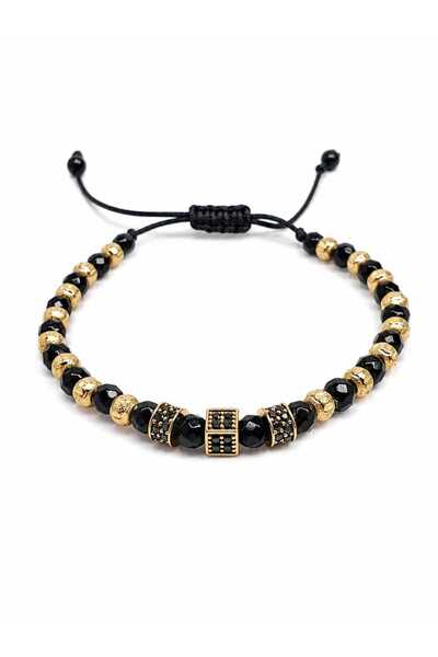 Aur 585 Brățară unisex pe șnur negru cu aur galben 14K și onix, reglabilă, 2,...