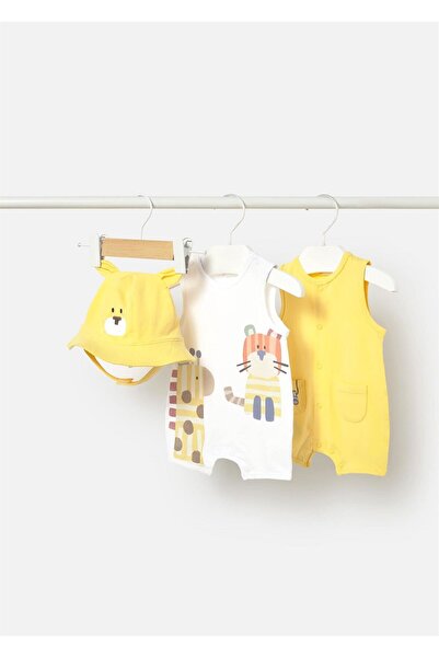MAYORAL Baby Boy 3-Piece Short Jumpsuit Set with Hat Yellow 1616