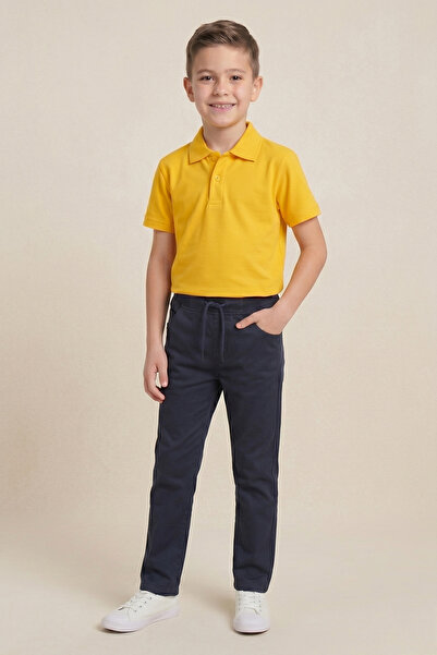 nacar çarşı Boy's Bright Yellow Short Sleeve Polo Neck T-Shirt Navy Blue Ribb...