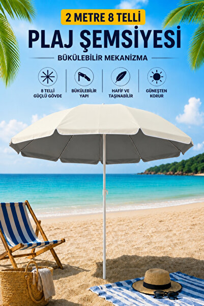 Penthouse 2 Metre 8 Telli Plaj Şemsiyesi Bükülebilir Mekanizmalı Bahçe Balkon...