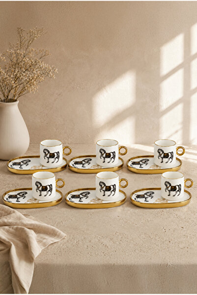 Vadi Set of 6 Turkish Coffee Cups with Horse Figures, Porcelain Coffee Cups w...