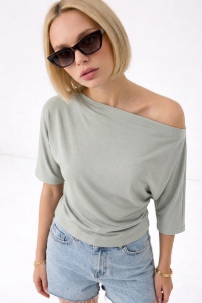 COMBİNE MİCHAİL Women's Off-Shoulder Cotton Gray Slim Fit T-Shirt