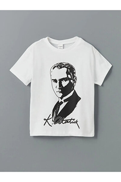 LC Waikiki White Crew Neck Ataturk Printed Boy's T-Shirt