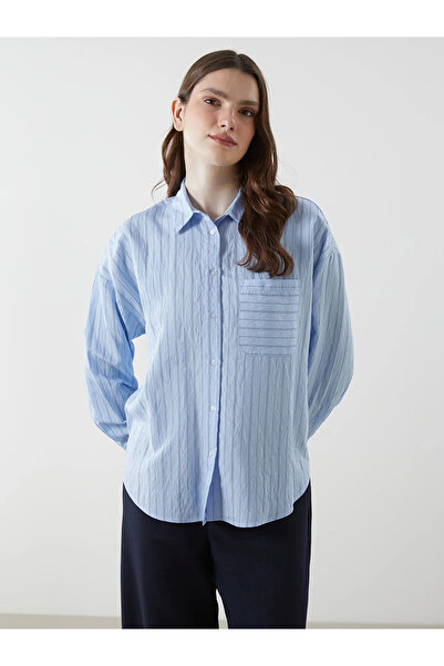 LC Waikiki Blue Striped Oversize Poplin Women's Shirt