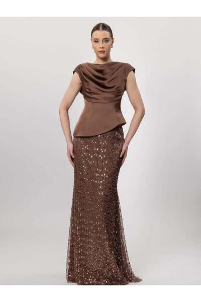 CACHE MONNEY Evening dress with sequins in brown color