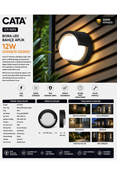Cata CT-7073 Bora LED Bahçe Aplik 12W Günışığı 3200K IP65 Dış Mekan Duvar Apliği