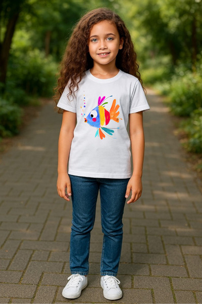 Windy Island Tricou cu mânecă scurtă pentru fete, cu imprimeu „Pește”, 100% b...