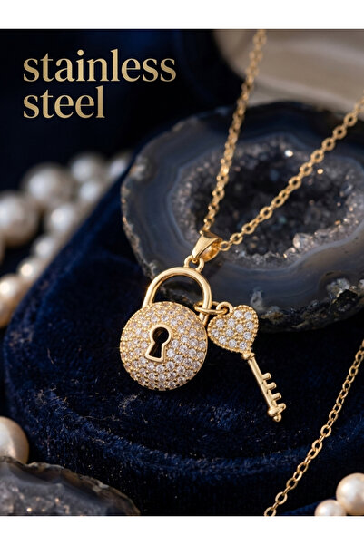 stainless steell سلسلة فولاذية 316L بلون ذهبي، نموذج مفتاحي مرصع بحجر الزركون...