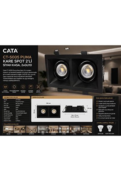 Cata CT-5005 Puma Kare Spot 2'li Siyah Kasa 2xGU10 Hareketli Sıva Altı Spot A...