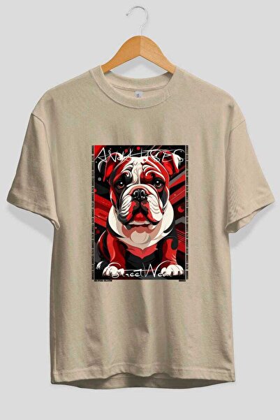 Ankhises For Dog Lovers 22 Front Dog Print Beige Oversize T-Shirt 100% Cotton...