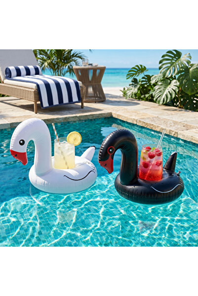 AquaLisse 2'li Paket Siyah Beyaz Kuğu Şişme Havuz Bardak Tutucu Seti - Kuğu M...